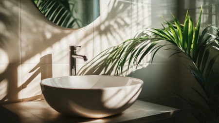 A sleek modern white ceramic sink paired with a polished chrome faucet, beautifully illuminated by natural light and surrounded by greenery, enhancing bathroom aesthetics.の素材