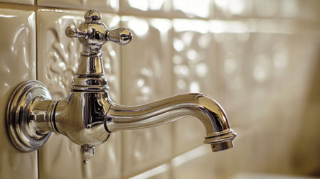 A sleek silver faucet elegantly positioned against a textured tile backdrop, showcasing modern design and functional beauty in home environments.の素材