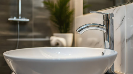Discover the elegance of a modern bathroom featuring sleek fixtures and a stylish sink. This interior space embodies minimalist design and tranquility.の素材