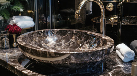 Explore the elegance of a luxurious bathroom featuring a stunning marble washbasin, modern faucet, and chic decor for a sophisticated ambiance.の素材