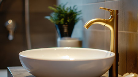 Discover a luxurious bathroom interior featuring a modern gold faucet and stylish bowl sink, perfect for enhancing any contemporary space with elegance.の素材