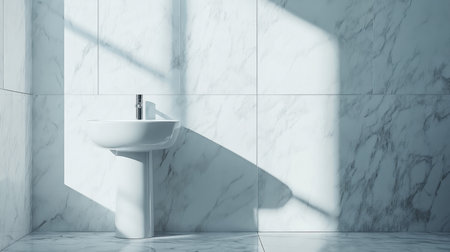 Discover a modern bathroom featuring a spacious design with a white sink and elegant marble walls, perfect for a chic and serene atmosphere.の素材