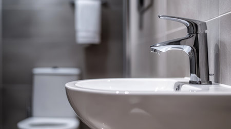 This sleek bathroom features a modern design with a stylish chrome faucet and elegant sink. Perfect for enhancing any upscale interior space.の素材