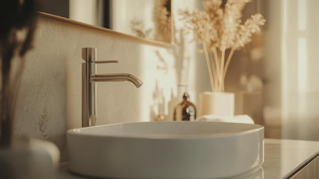 This image features an elegant luxury faucet positioned over a sleek white sink, showcasing modern design and minimalism in a beautifully lit bathroom setting.の素材