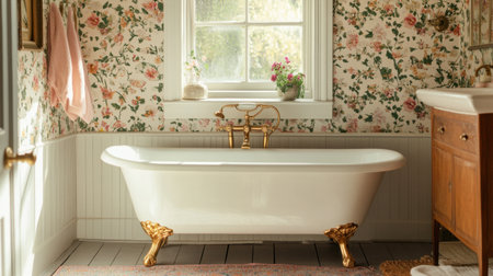 A charming vintage bathroom featuring a clawfoot tub, floral wallpaper, and warm lighting, creating a relaxing and elegant atmosphere for any home.の素材