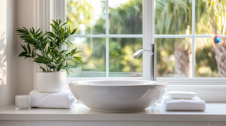 This bright and inviting compact bathroom features a modern sink by the window surrounded by fresh towels and greenery, creating a tranquil and stylish space.の素材