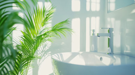 A bright and modern bathroom interior featuring a smooth white sink and lush green plant. The sunlight creates a serene atmosphere with soft shadows.の素材