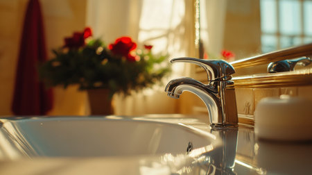 A close-up view of a polished chrome bathroom sink featuring elegant design details and natural light illuminating the serene interior along with vibrant flowers.の素材
