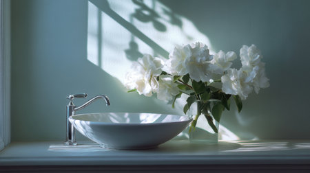 A serene bathroom interior featuring a white ceramic sink and a beautiful floral arrangement. Soft light and shadows create a tranquil and elegant atmosphere.の素材
