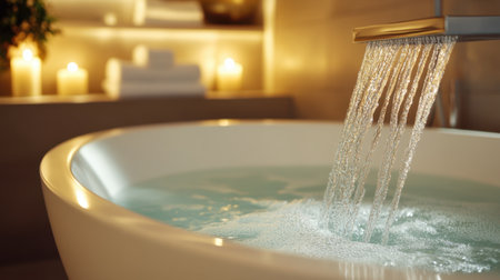 Experience the elegance of a luxurious bathroom with a modern faucet elegantly pouring water into a serene tub, creating a tranquil and soothing atmosphere.の素材