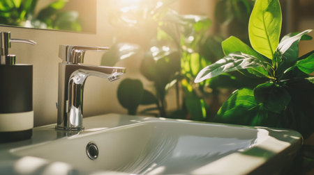This bright bathroom interior features a sleek, white sink and modern faucet, surrounded by lush greenery, creating a serene and inviting atmosphere with natural light.の素材