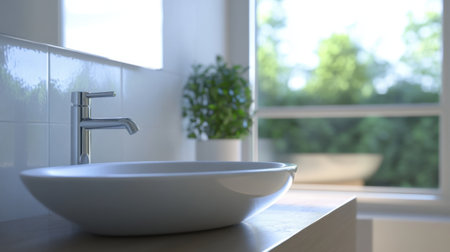 A stylish sink in a modern bathroom bathed in natural light from a window, featuring a minimalist design and fresh greenery for a tranquil atmosphere.の素材