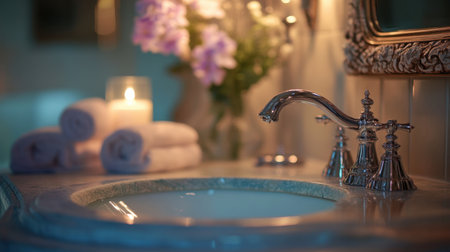A polished chrome faucet elegantly displayed in a serene bathroom setting. Soft lighting complements the beauty of surrounding decor, enhancing relaxation.の素材