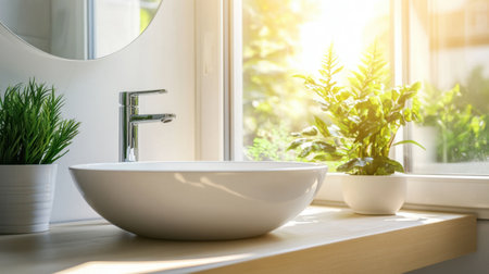 A stylish modern bathroom sink positioned by a bright window, surrounded by greenery and natural light, creating a serene and elegant atmosphere.の素材