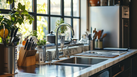 Explore this modern loft kitchen featuring polished finishes and sleek design. Bright natural light illuminates the space, enhancing its inviting atmosphere.の素材