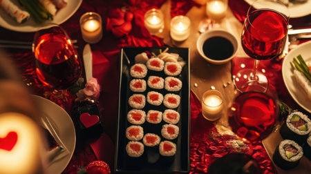 A beautifully arranged Valentine's Day dinner for two, featuring sushi platters and sake.の素材