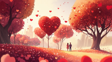 An illustrated scene of a couple walking hand-in-hand through a park filled with heart-shaped trees and flowers for Valentine's Day.の素材