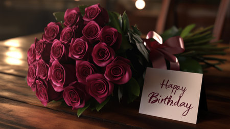 A beautifully wrapped rose bouquet gift with a satin ribbon, sitting on a wooden table with a Happy Birthday card beside it.の素材