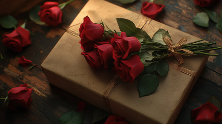 A bouquet of roses presented as a gift, wrapped in kraft paper with a vintage-inspired ribbon, lying on a gift box with roses scattered around.の素材