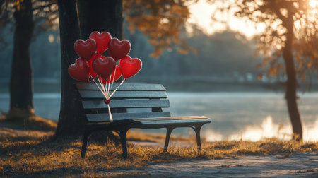 A bouquet of heart-shaped balloons tied to a park bench, with a romantic lake view in the distance.の素材