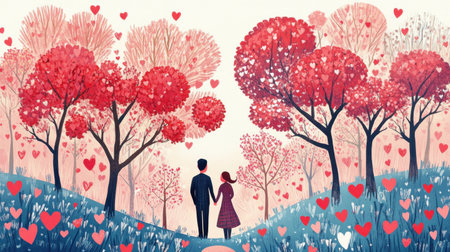 An illustrated scene of a couple walking hand-in-hand through a park filled with heart-shaped trees and flowers for Valentine's Day.の素材