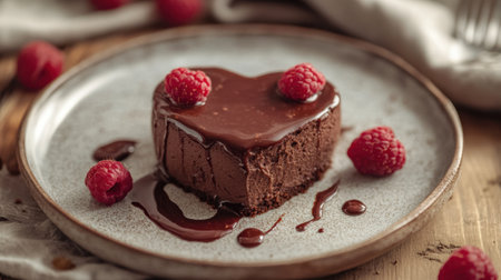 A close-up of a heart-shaped chocolate mousse cake on a plate, served with a drizzle of raspberry sauce.の素材