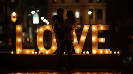 A candid photo of a man proposing to his partner, with LOVE spelled out in candles around them.の素材