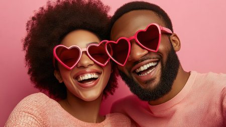 A couple laughing and taking selfies together with heart-shaped sunglasses on Valentine's Day.の素材
