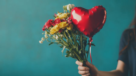 A close-up of hands holding a bouquet of mixed flowers, with a heart-shaped balloon tied to the stems.の素材