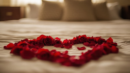A close-up of a rose petal trail leading to a heart-shaped arrangement of fresh roses on a bed.の素材