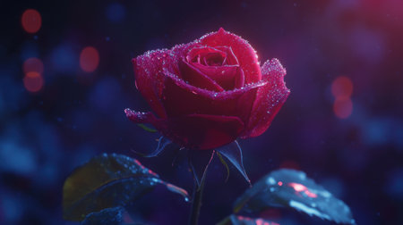 A close-up of a single red rose with dew drops, against a softly blurred background.の素材