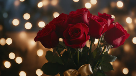 A close-up of a Valentines rose bouquet, with velvety red roses tied with a satin ribbon, set against a soft-focus background of fairy lights.の素材