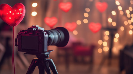 A close-up of a Valentine's Day photo setup, featuring a camera, heart-shaped props, and soft lighting.の素材