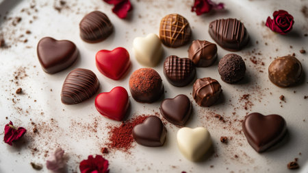 A close-up of a Valentine's Day chocolate selection, featuring heart-shaped pralines and truffles arranged beautifully.の素材