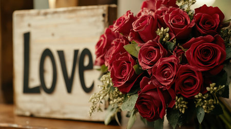 A close-up of a romantic rose bouquet with lush red roses and delicate greenery, placed on a rustic table next to a Love sign.の素材