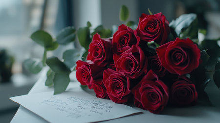 A close-up of a Valentines Day rose bouquet with bright red roses and delicate greenery, placed on a white table with a love letter.の素材