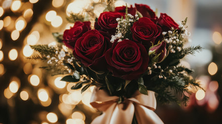 A close-up of a Valentines rose bouquet, with velvety red roses tied with a satin ribbon, set against a soft-focus background of fairy lights.の素材