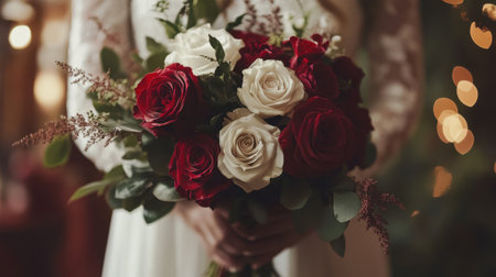 A close-up of a wedding rose bouquet in shades of deep red and white, held by the bride, with a blurred wedding venue backdrop.の素材