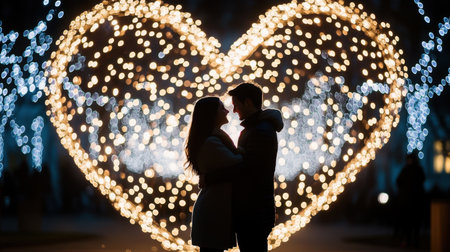 A couple celebrating a Valentine's Day proposal in front of a large heart-shaped display of fairy lights.の素材