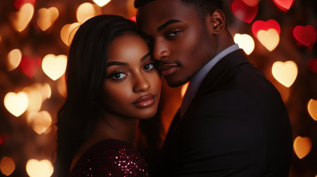 A couple posing for a Valentine's Day photoshoot, with soft romantic lighting and heart-shaped decorations in the background.の素材