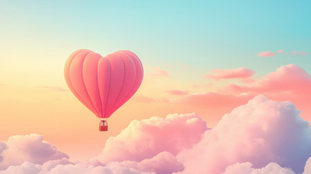 A colorful illustration of a heart-shaped hot air balloon soaring above a dreamy landscape with soft clouds for Valentine's Day.の素材