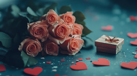A close-up of a Valentines rose bouquet resting on a table with heart-shaped confetti scattered around and a small gift box nearby.の素材