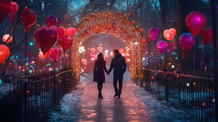 A couple holding hands and laughing while walking through a park decorated with Valentine's Day lights and balloons.の素材