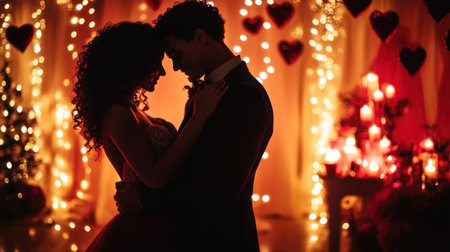 A couple slow dancing in a softly lit room, surrounded by Valentine's Day decorations and candles.の素材