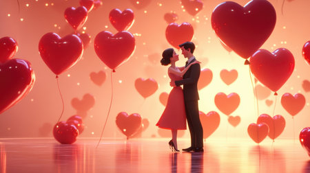 A couple dancing in a room filled with heart-shaped balloons, their love radiating in their smiles.の素材