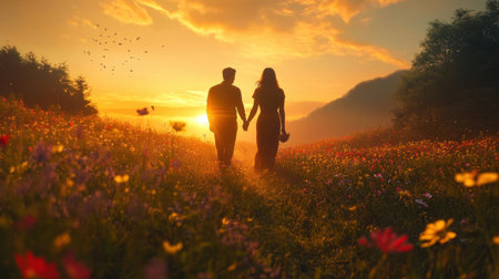 A couple holding hands and walking through a field of wildflowers, with a warm sunset in the background.の素材