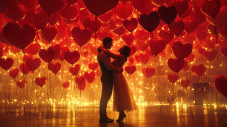 A couple dancing in a room filled with heart-shaped balloons, their love radiating in their smiles.の素材
