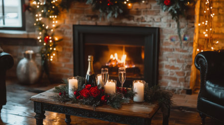 A cozy indoor Valentine's Day proposal by the fireplace, with candles and a glass of champagne set up for the occasion.の素材