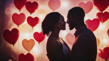A couple taking professional portraits on Valentine's Day, with heart-shaped balloons and a festive backdrop.の素材