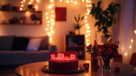 A cozy Valentine's Day celebration at home with string lights, a heart-shaped cake, and matching red dcor.の素材